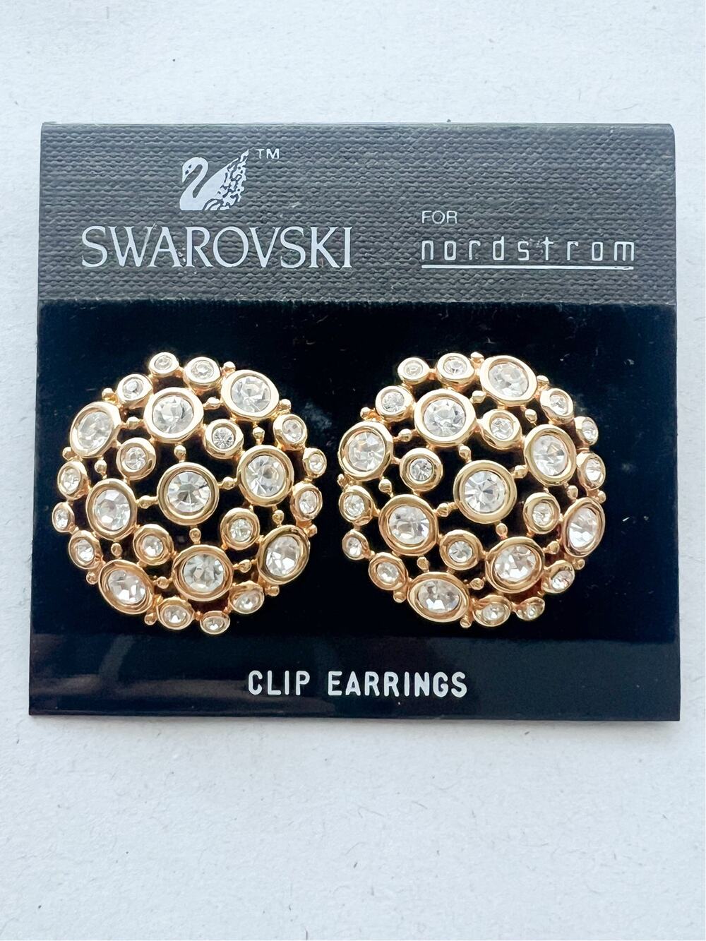 VTG NWT Swarovski Nordstrom Gold Bezel Crystal Domed Circle Clip Earrings